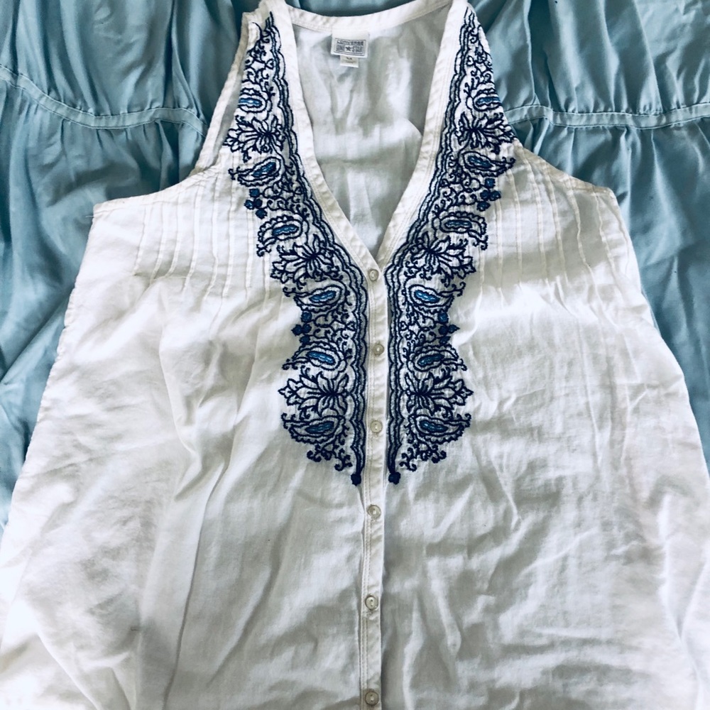 White Top with Blue & Black Embroidery- Size M